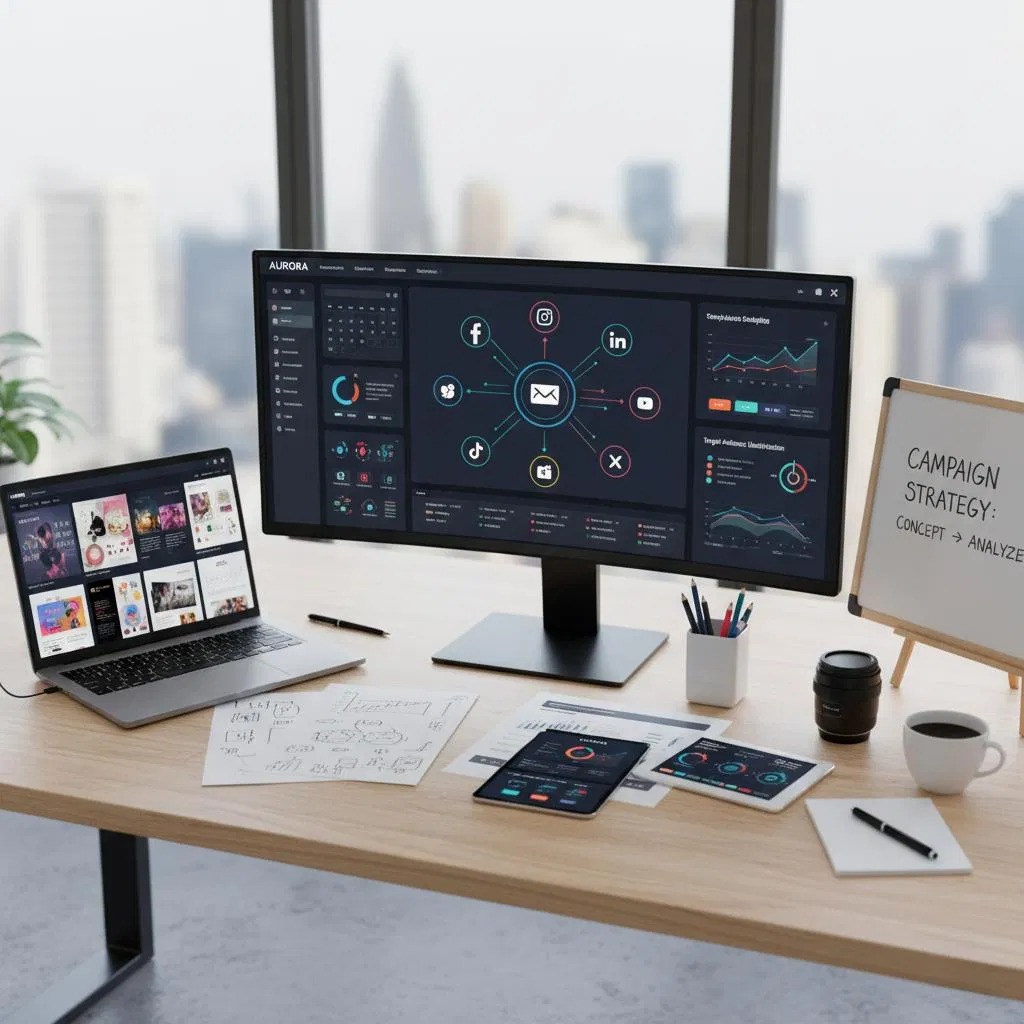 Digital marketing campaign dashboard and strategy workspace