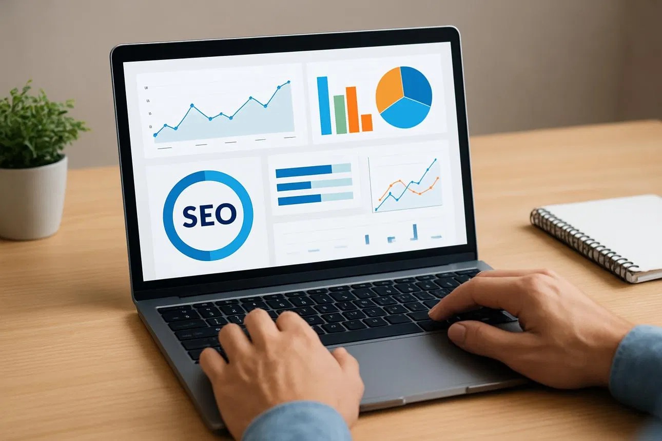 SEO analytics dashboard showing traffic and ranking charts