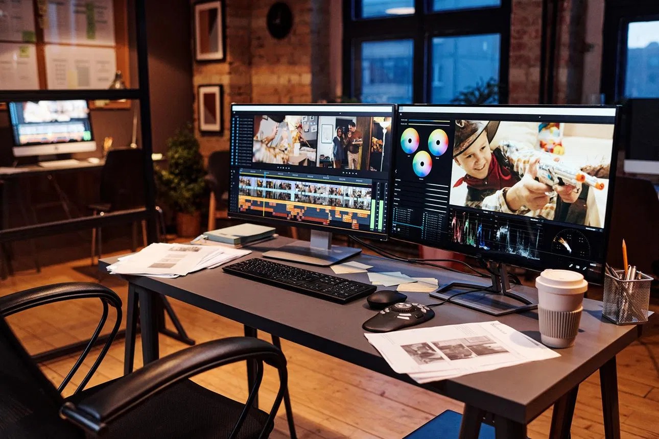Video editing workstation with dual monitors and color grading